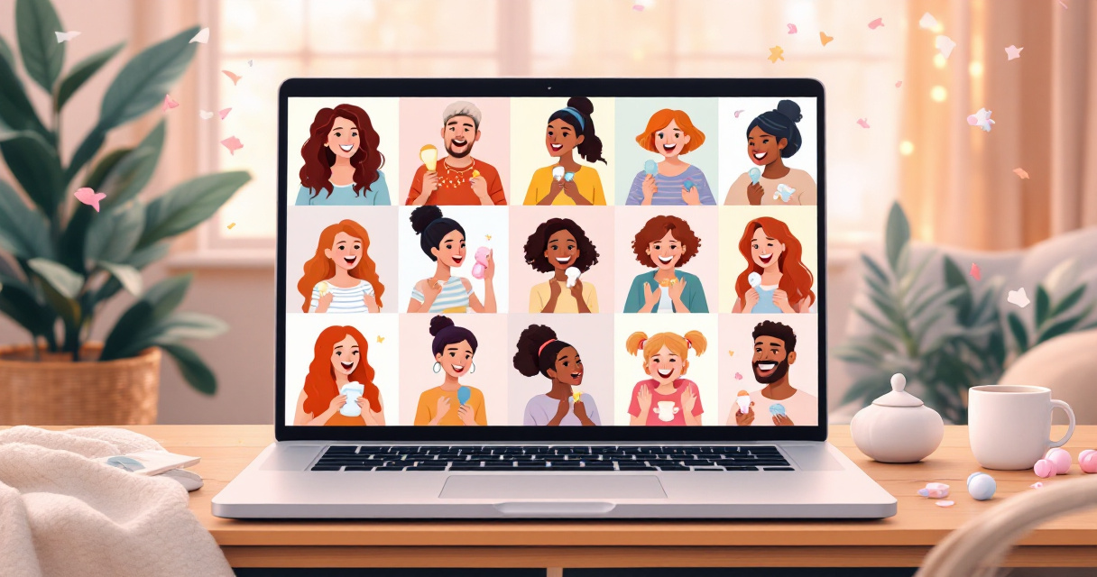 Illustration of friends playing classic baby shower guessing games together on a video call