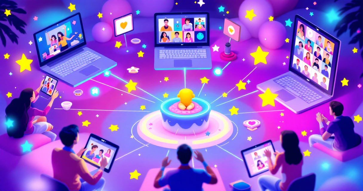 Illustration of small and large groups enjoying interactive baby shower games on video call