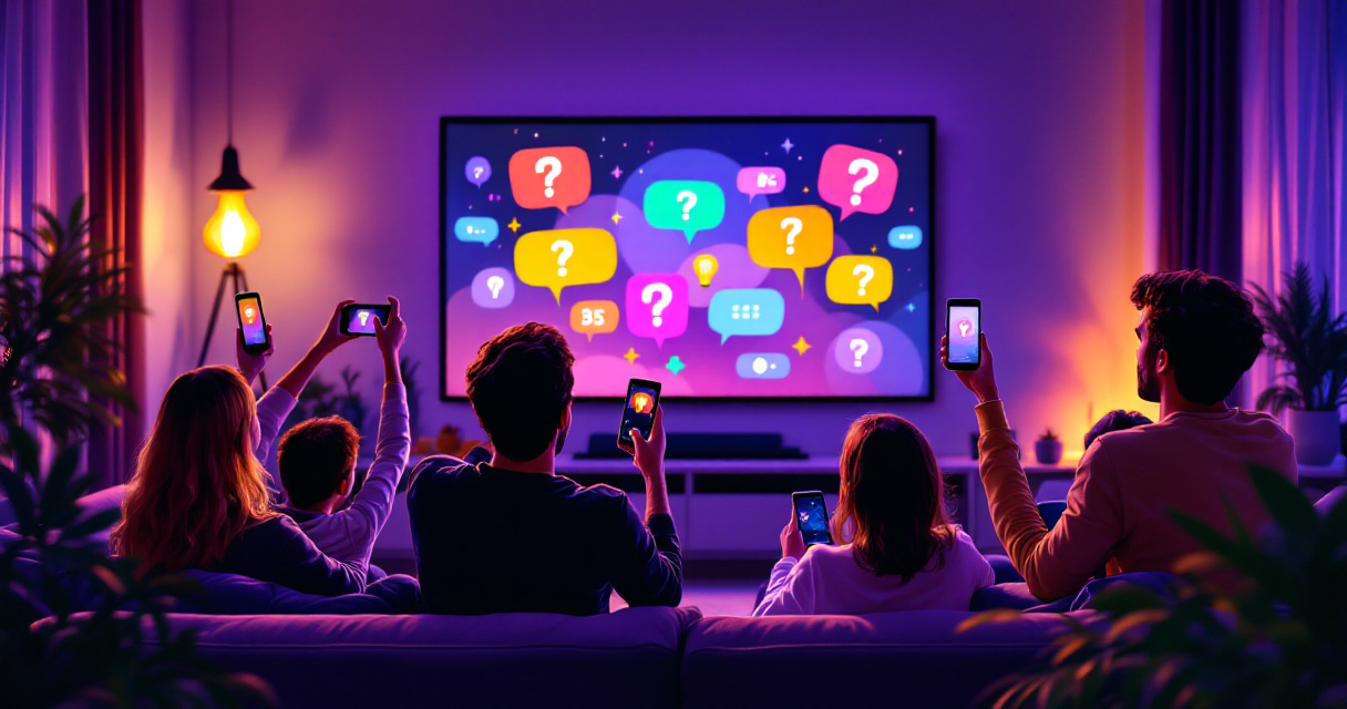 Friends playing an online trivia party game together using phones and a TV in a purple-lit living room
