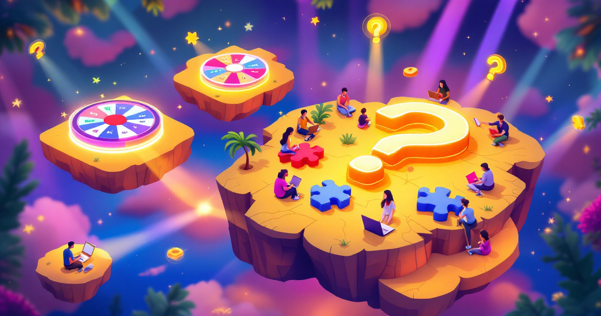 Creative virtual trivia game formats with players connecting to playful digital quiz islands online