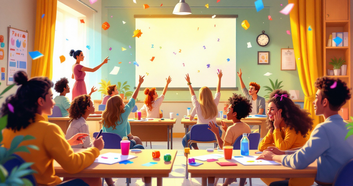 Illustrated virtual classroom with students playing colorful browser party games together online
