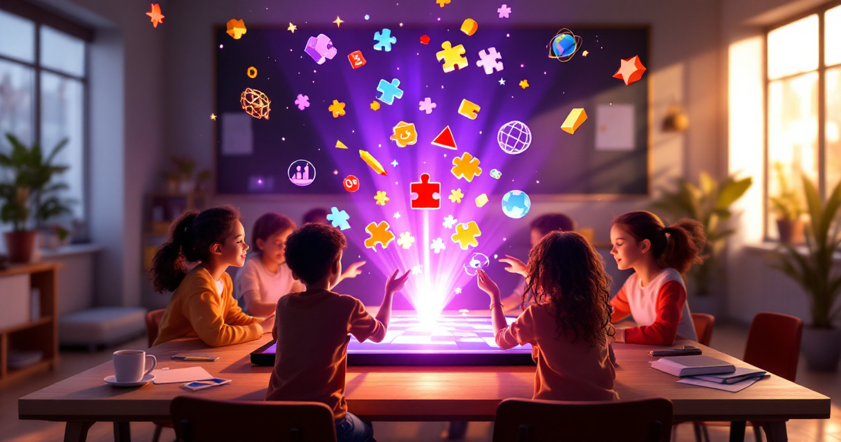 Students collaborating around a glowing educational game board with floating learning symbols