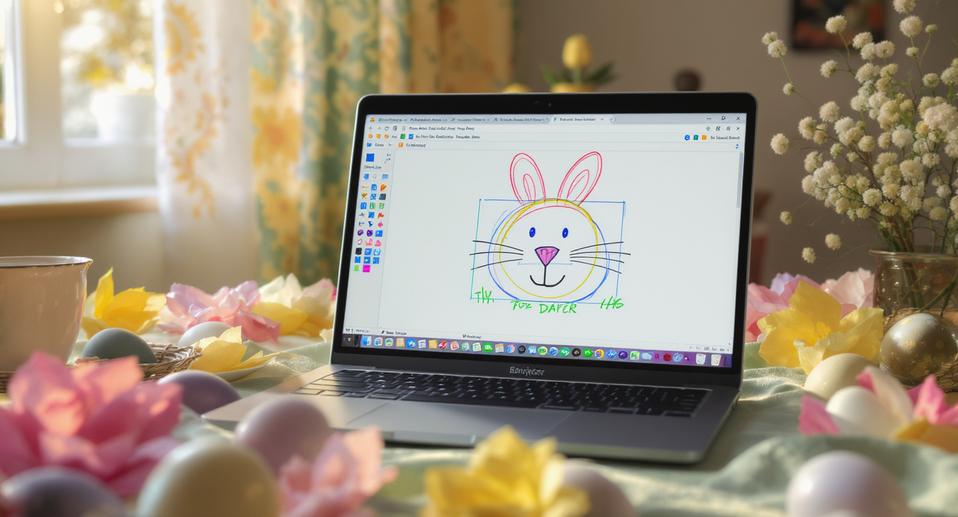 Laptop displaying a colorful browser drawing game on a pastel Easter-decorated table with spring flowers and Easter eggs in the foreground