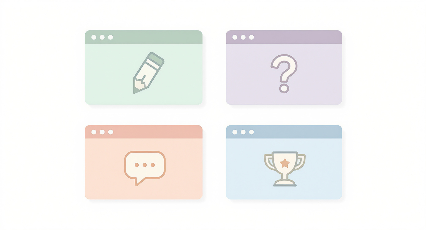 Four pastel-colored browser window icons with game symbols representing drawing, trivia, word, and party games for Easter