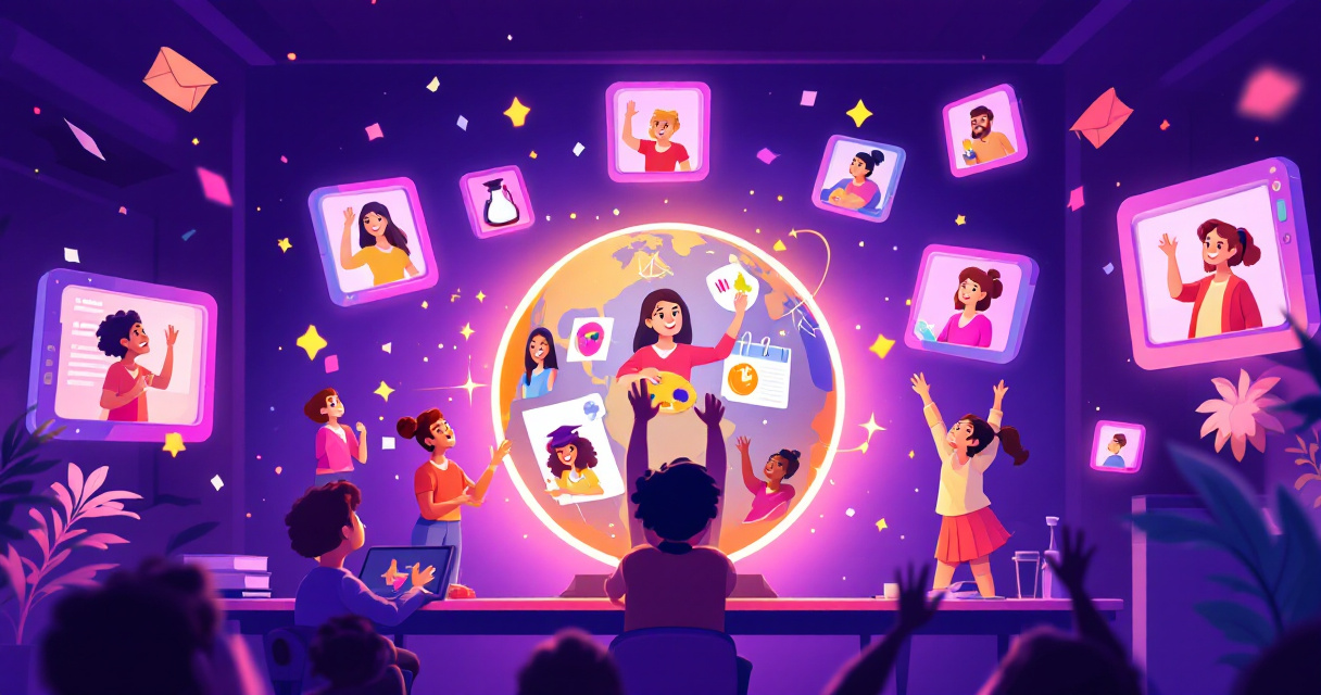 Illustrated students playing virtual classroom trivia in a video call style layout with glowing school icons