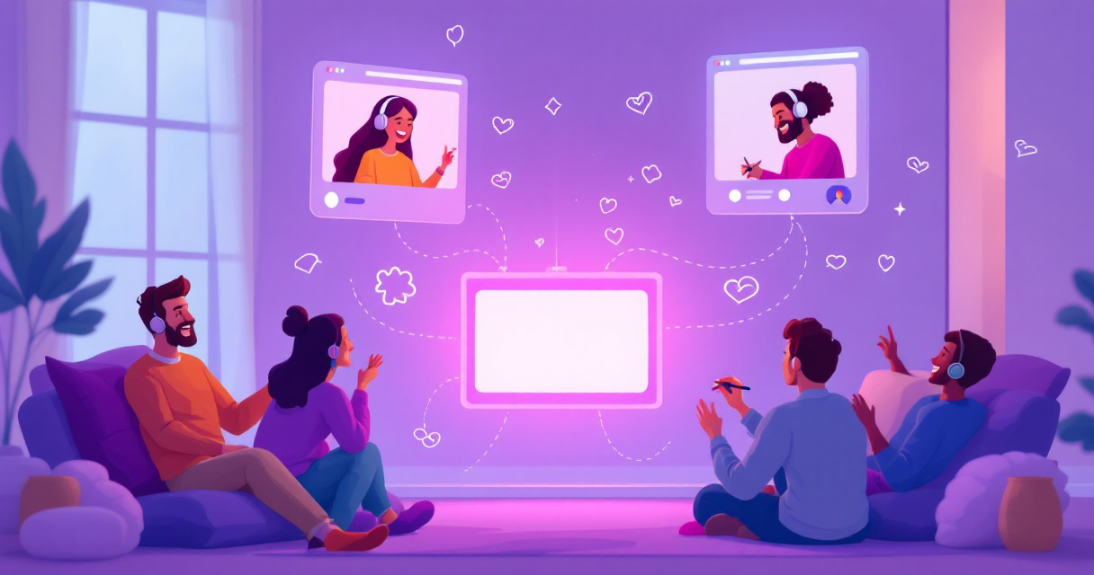 Illustration of friends remotely playing a browser drawing game together during an online hangout