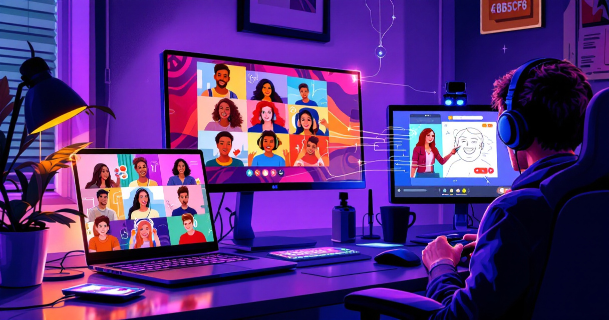 Gaming desk with webcam, headset, and laptop enabling smooth video call and screen sharing gameplay