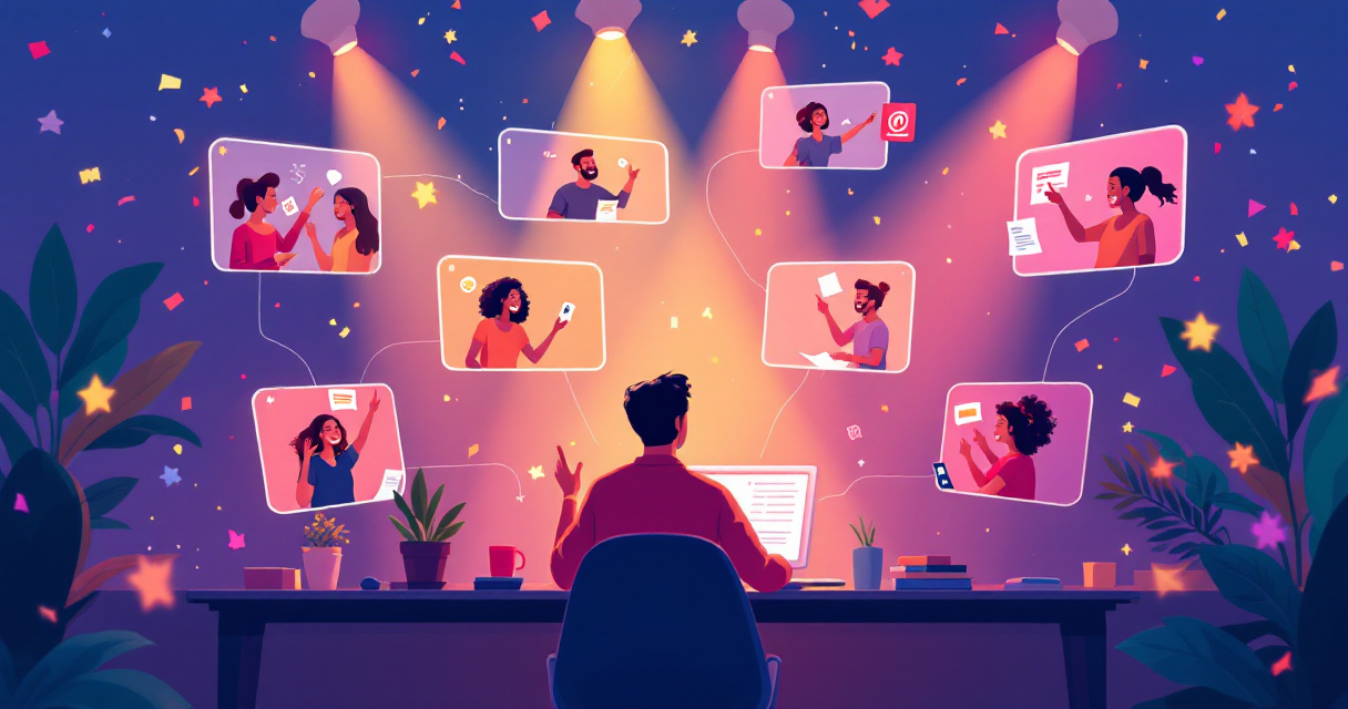 Illustration of friends playing a Zoom-style virtual trivia night with teams collaborating online