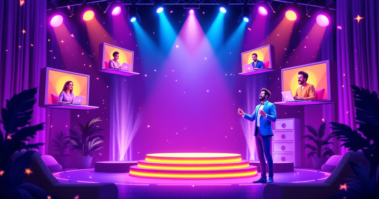 Illustrated online trivia night styled as a lively mini game show with virtual contestants