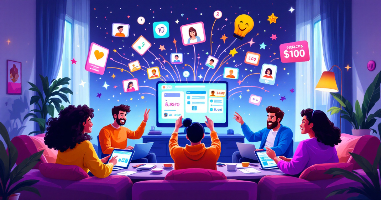 Friends playing colorful browser party games together across devices with vibrant purple game elements