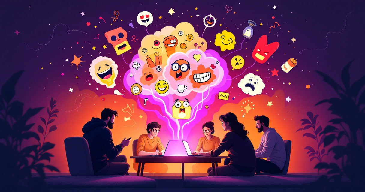 Players sharing imaginative prompt ideas around a laptop with swirling purple creative visuals