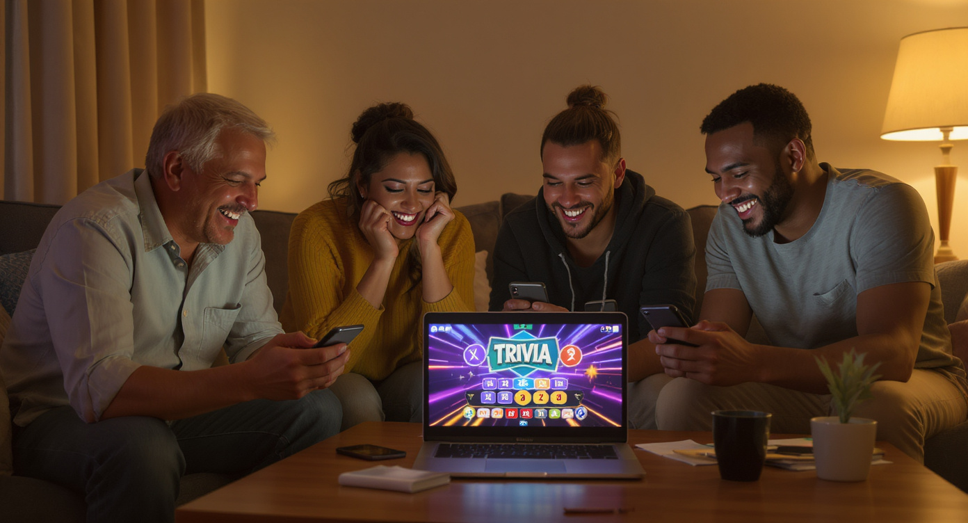 Four adults laughing around a coffee table, each holding a phone, engaged in a browser-based trivia game on a shared laptop screen
