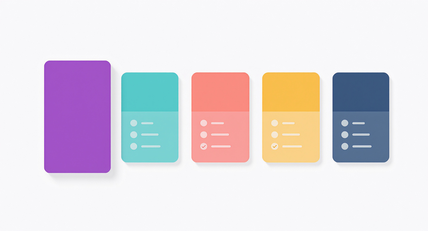 Five platform comparison cards in a row — violet, teal, coral, amber, and navy — with the violet card elevated to indicate the top-recommended choice