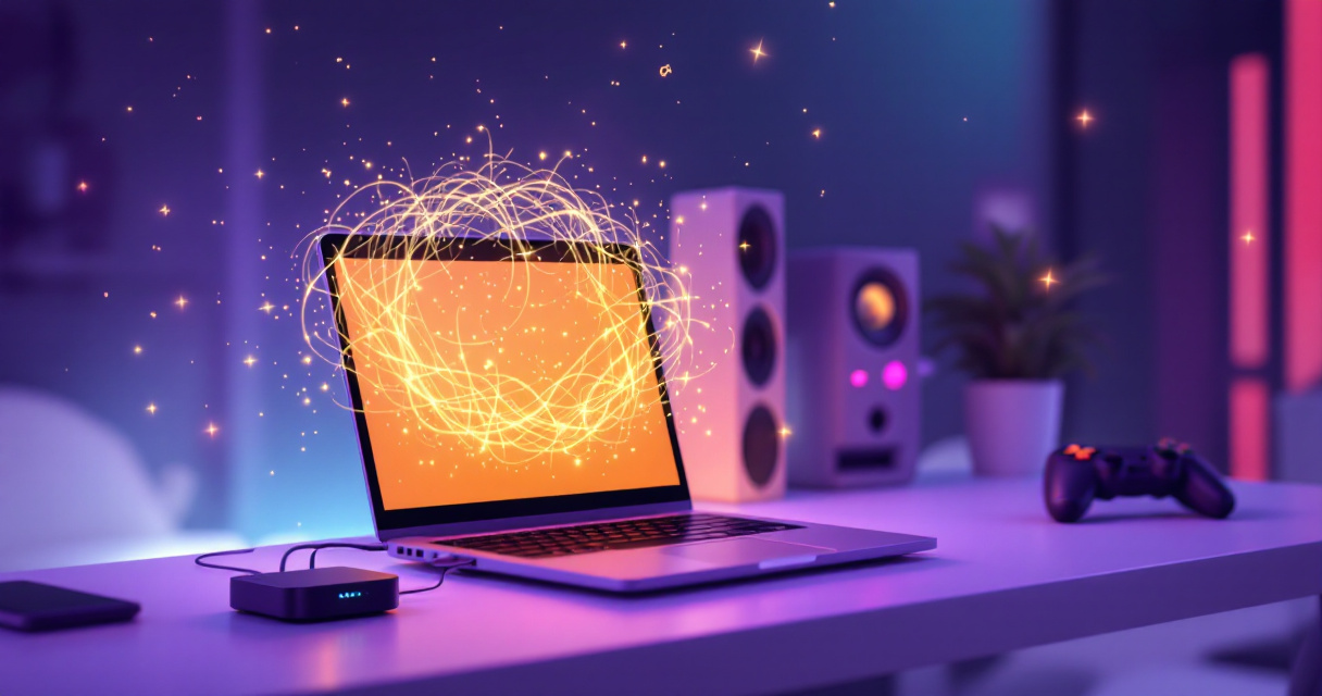 Laptop and router with streamlined data signals symbolizing reduced lag in browser games