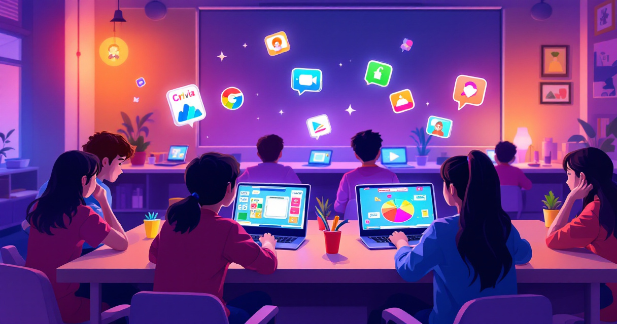 Students playing colorful browser-based party games together on school Chromebooks in a classroom setting