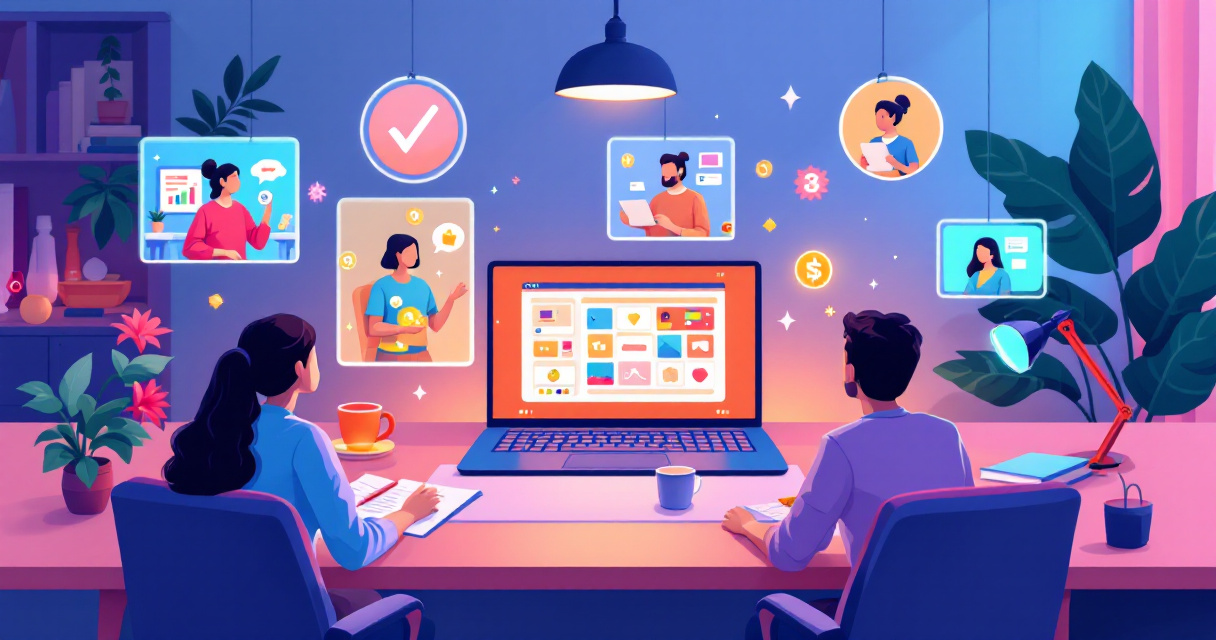 Illustration of coworkers in a virtual meeting playing a browser-based mini game together