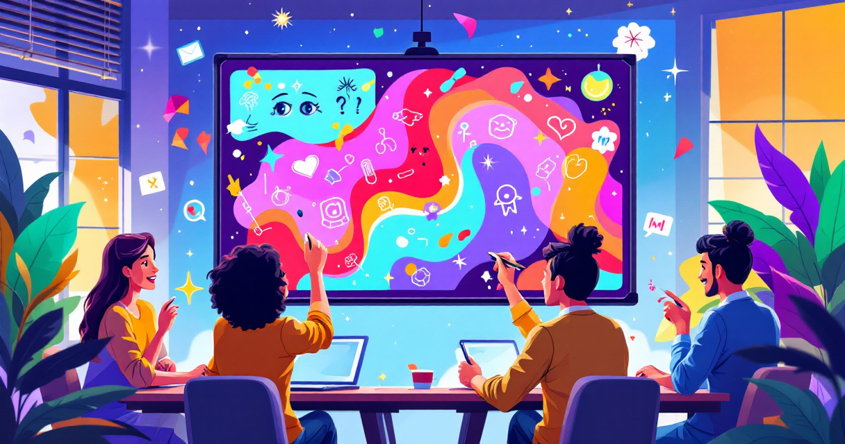 Remote coworkers collaborating in a playful online drawing game during a virtual team meeting