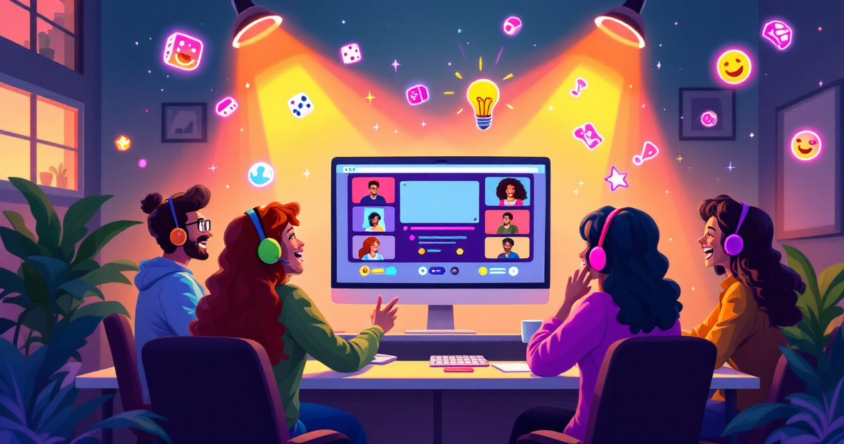 Friends in headsets laughing in a Discord-style voice chat with playful party game elements floating around