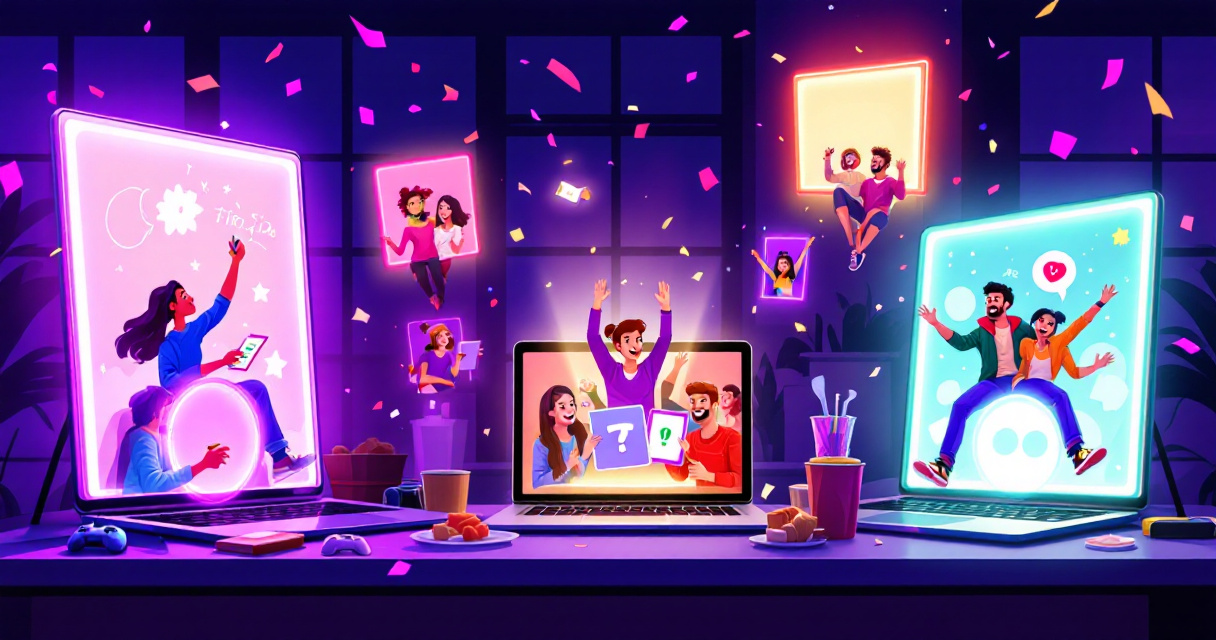 Online party night scene with devices opening portals to drawing, trivia, and social browser games