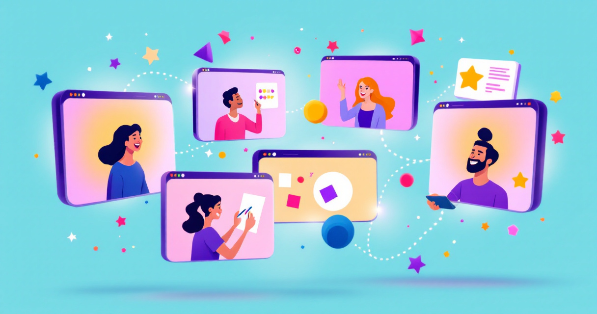 Illustration of coworkers playing lively browser-based party games together during a virtual team happy hour