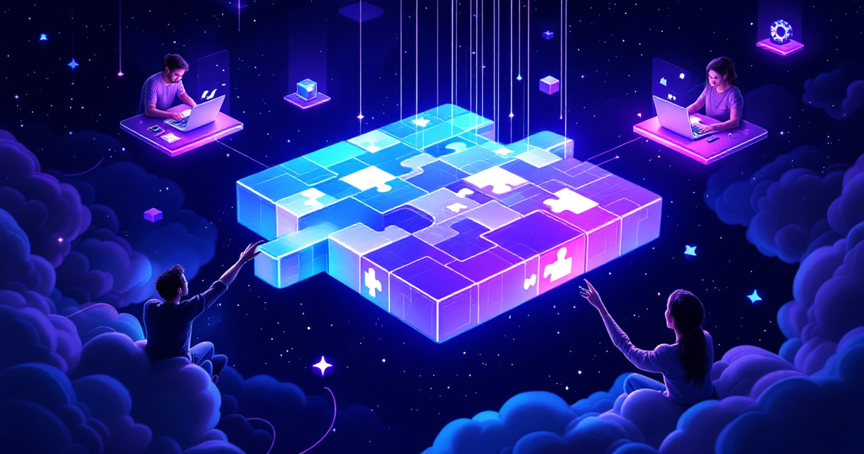 Remote teammates collaboratively solving a glowing digital puzzle during an online team building activity