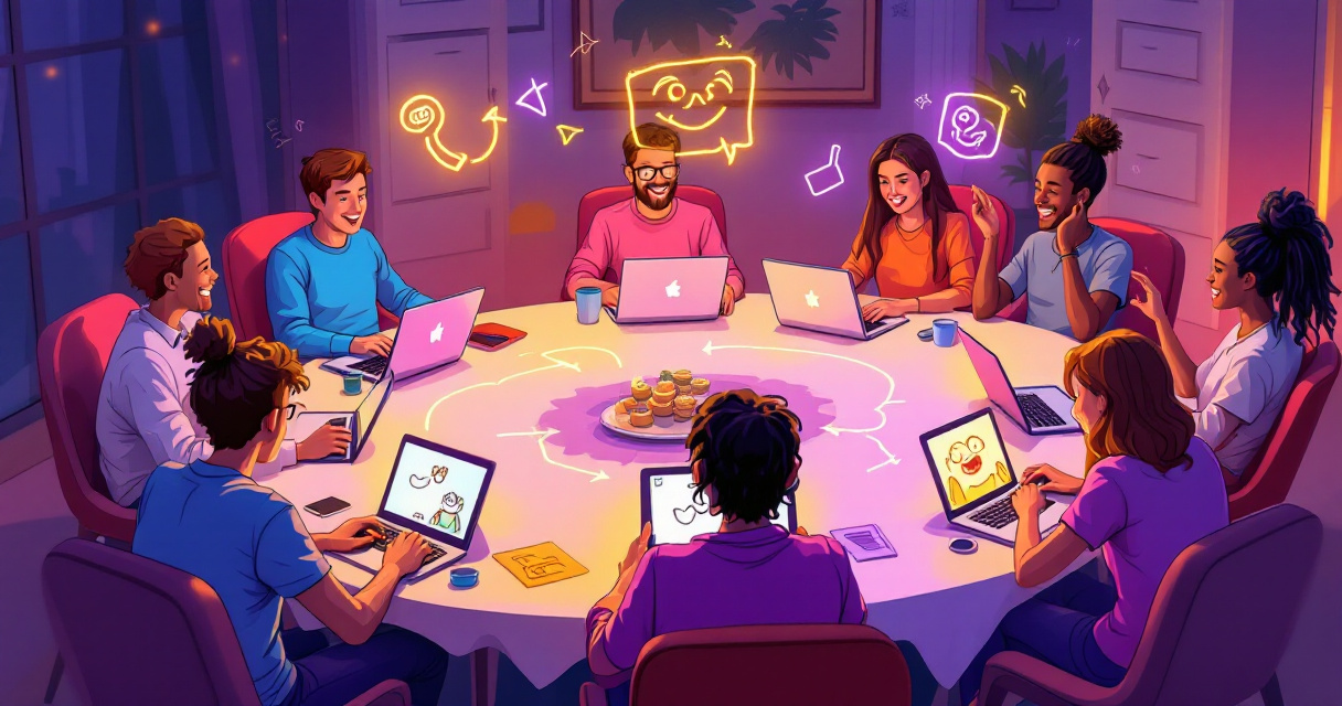 Illustration of players passing evolving sketches in a telephone-style online drawing party game