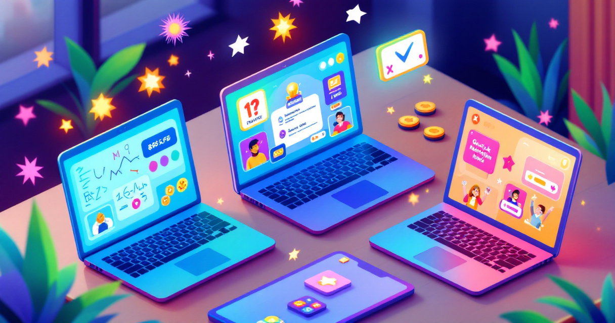 Isometric illustration of multiple online party mini games across connected browser screens