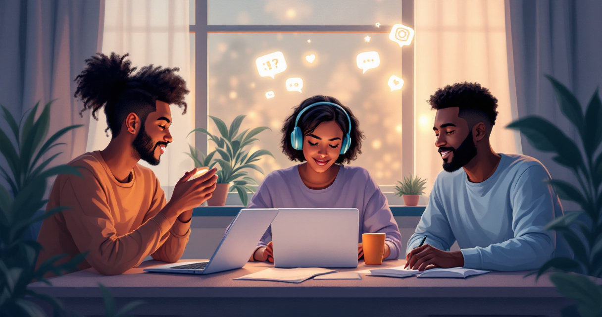 Illustration of remote teammates calmly playing a thoughtful online trivia game together