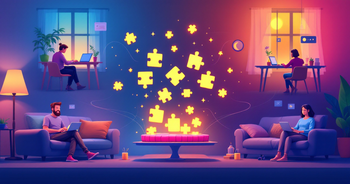 Illustration of remote teammates contributing to a shared asynchronous online game across different times