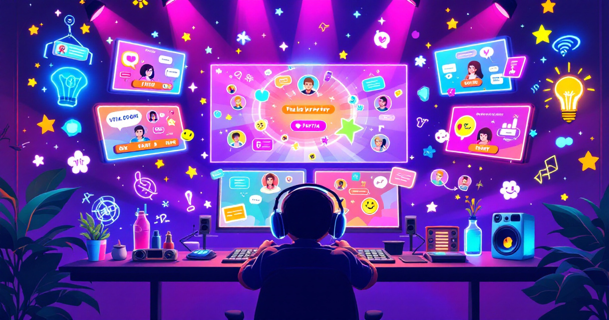 Illustration of streamer surrounded by interactive audience avatars influencing colorful party game action