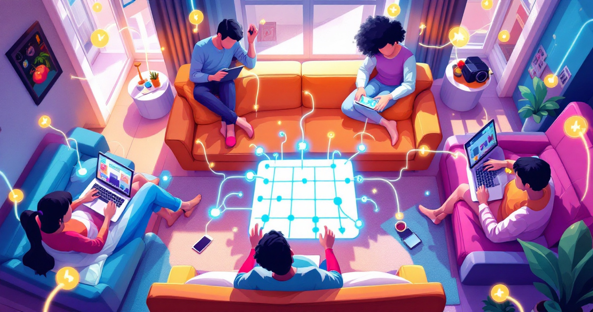 People on multiple devices connecting to a shared browser party game across locations