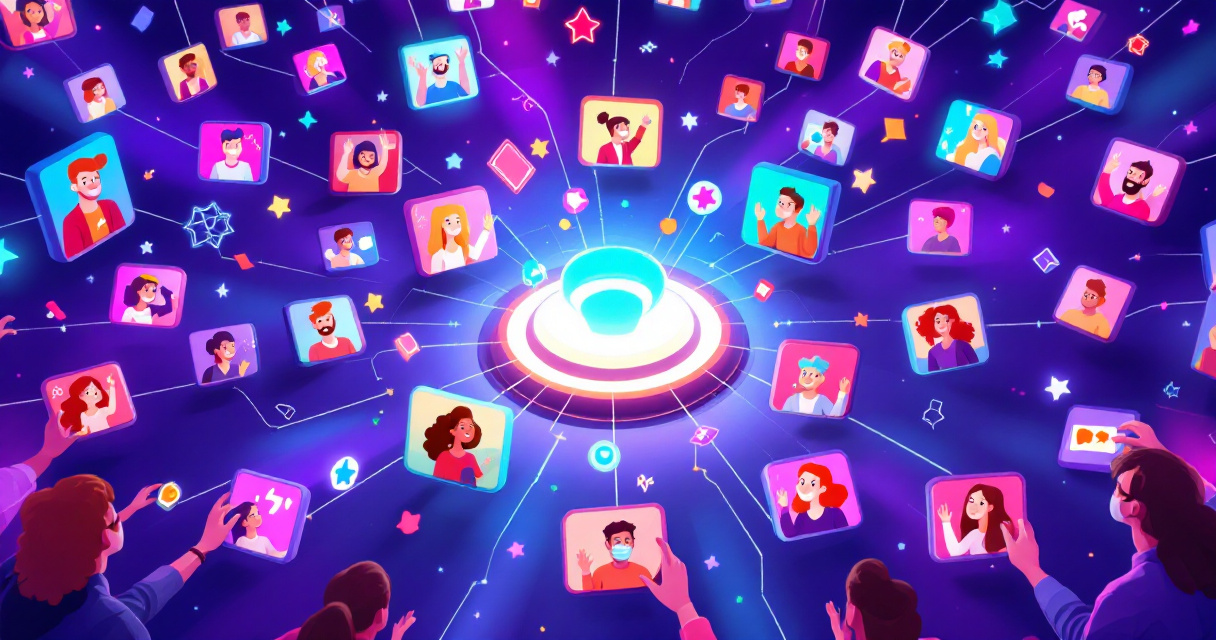 Illustration of many online participants quickly interacting in a playful virtual icebreaker game grid