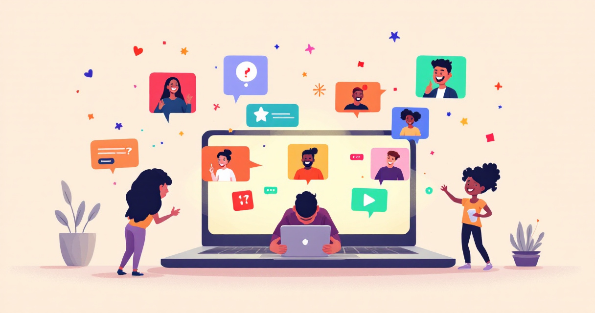 Illustration of remote teammates playing multiple browser party games together on a shared laptop