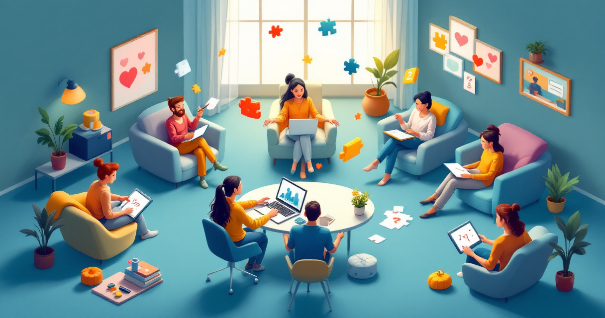 Isometric scene of a host leading a fun virtual team game session with remote coworkers