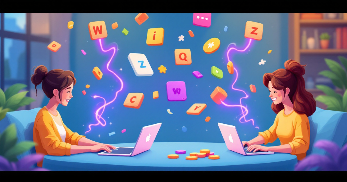 Friends playing colorful browser-based multiplayer word games together on connected laptops and tablets