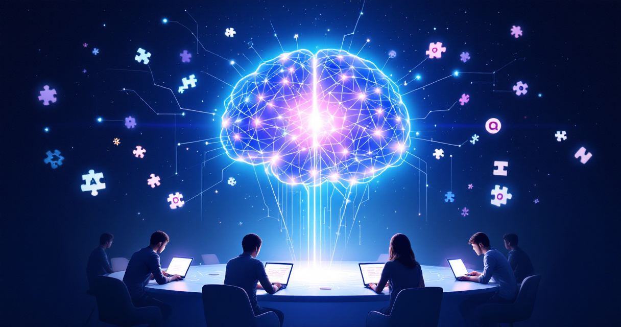 Abstract glowing brain network connected to friends playing online word games on laptops