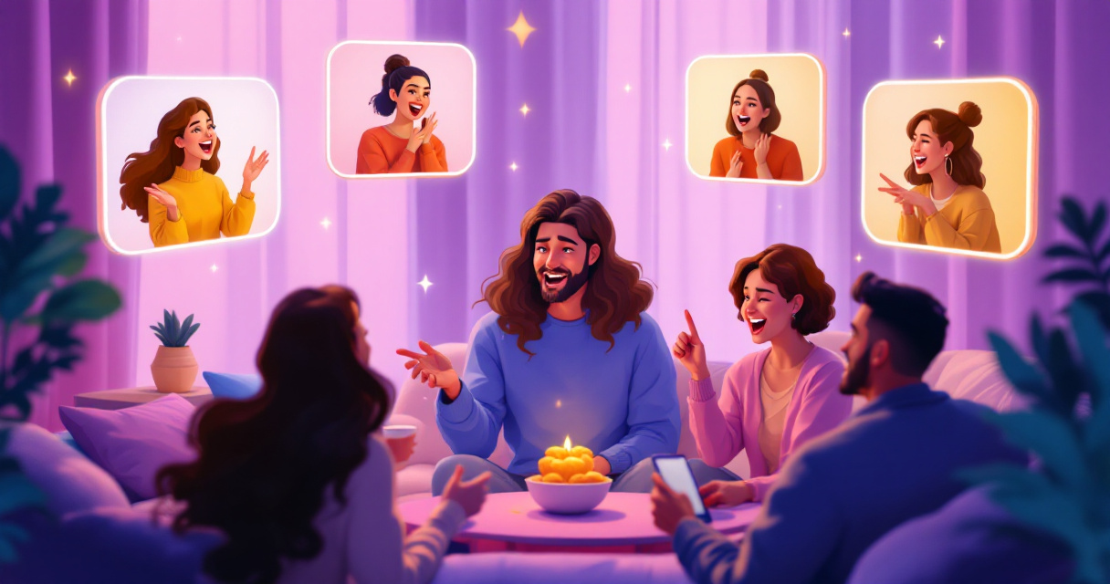 Friends laughing and gesturing in a video call style layout representing conversation-based Zoom party games