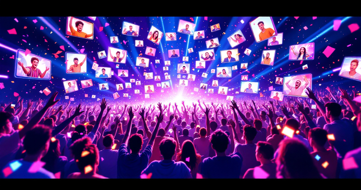Large energetic virtual party crowd celebrating together in a lively video call style scene